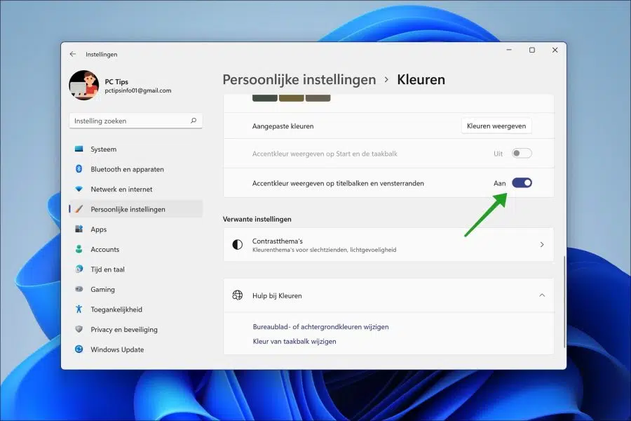 Accentkleur weergeven op titelbalken en vensterranden