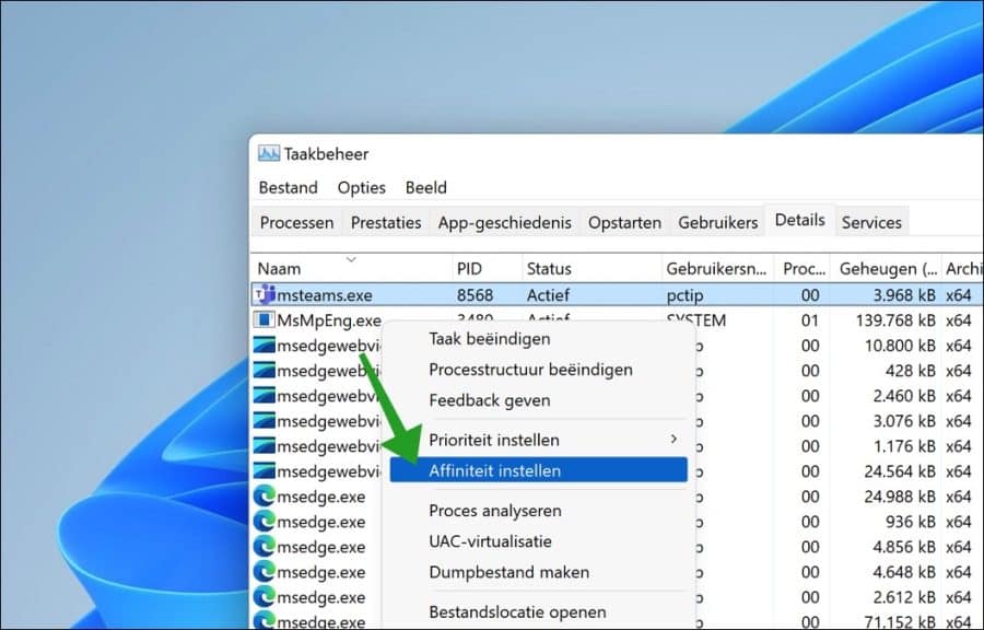 Affiniteit instellen per proces in taakbeheer