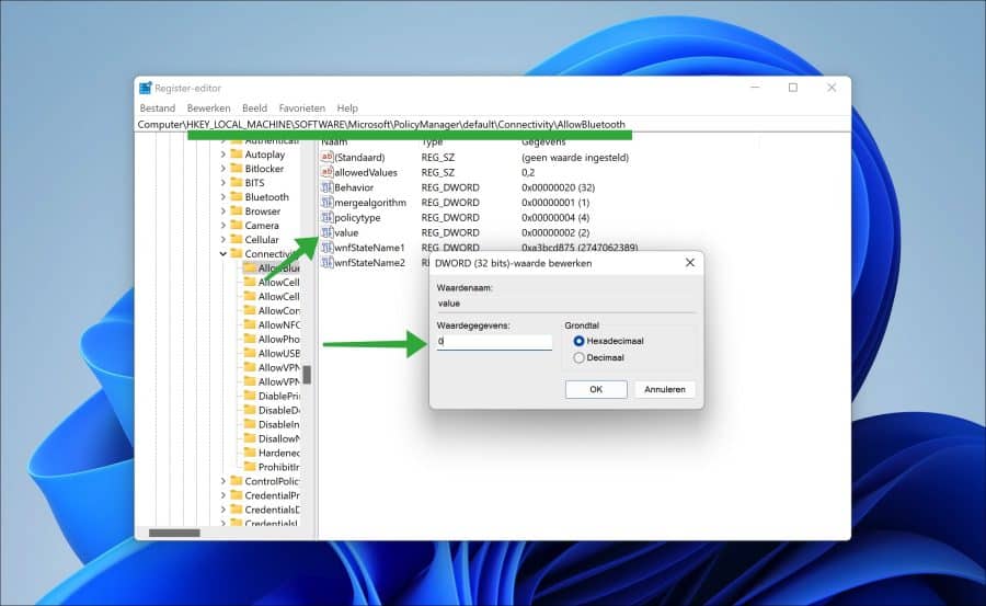AllowBluetooth register waarde
