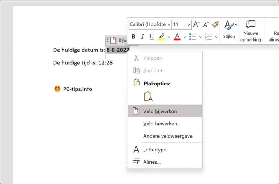 Automatisch huidige datum en tijd invoegen in word-document