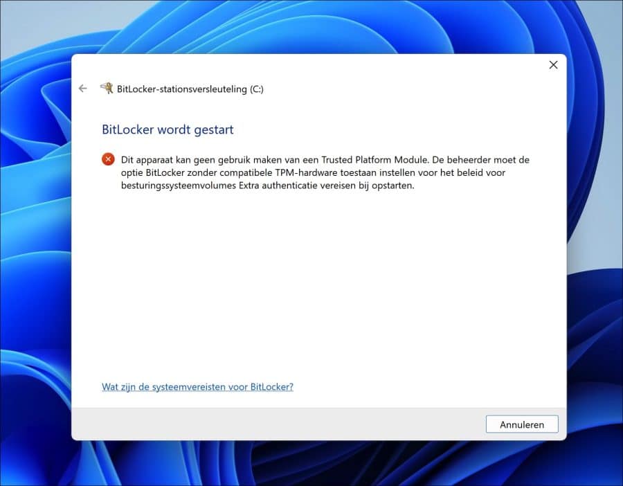 Bitlocker zonder TPM melding