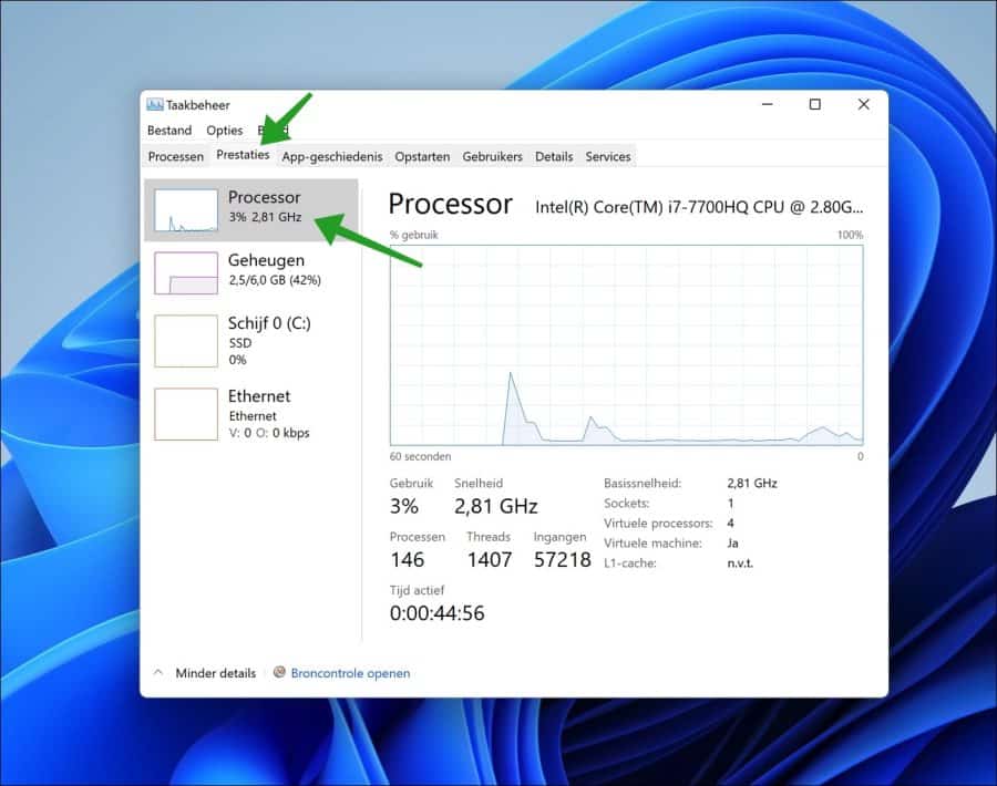 CPU informatie via taakbeheer