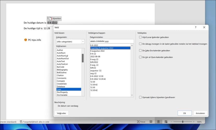 Datum of tijd veld bewerken in Word