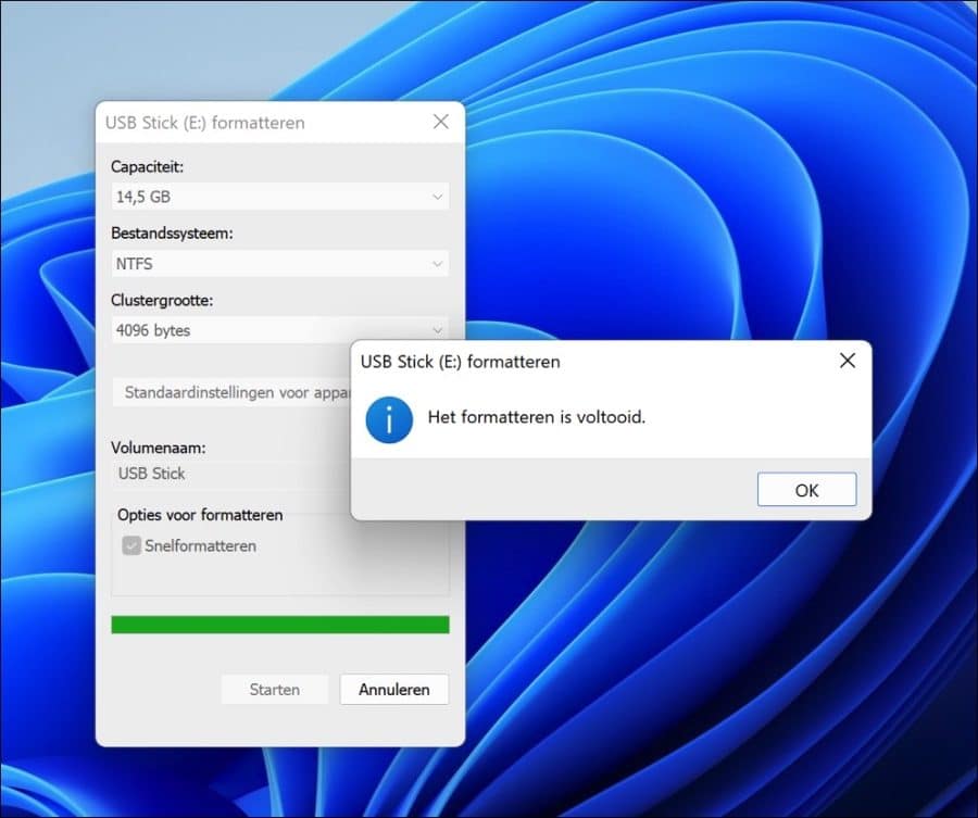 Het formatteren is voltooid