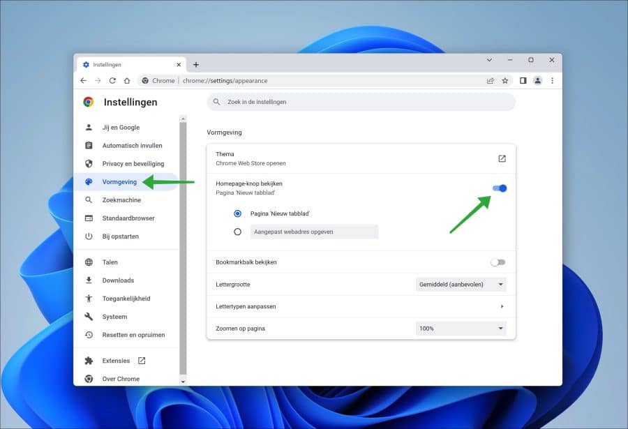 Homepage knop inschakelen in Google Chrome