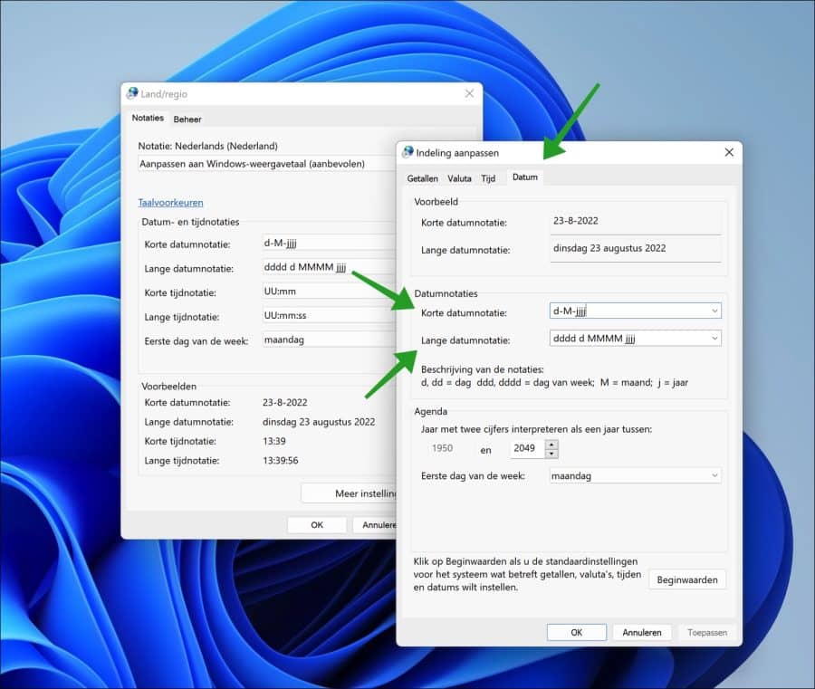 Korte datumnotatie en lange datumnotatie via indelingen wijzigen