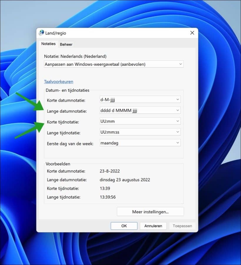Korte datumnotatie en lange datumnotatie wijzigen via configuratiescherm in Windows 11