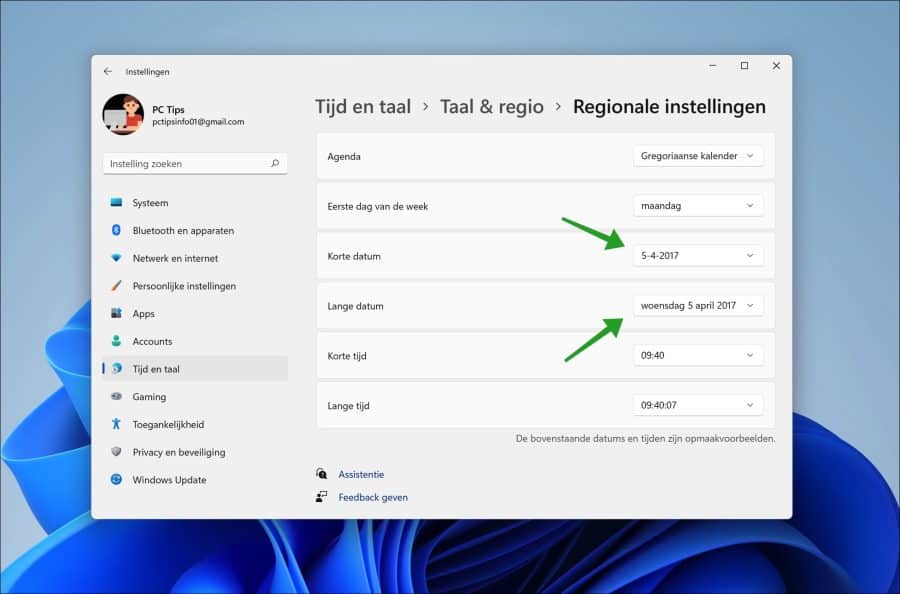 Korte of lange datum wijzigen in Windows 11