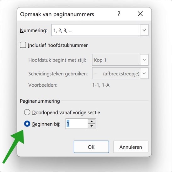 Paginanummer beginnen bij