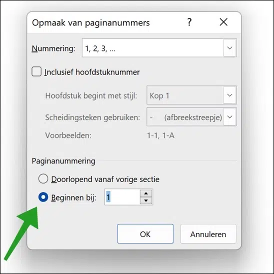 Paginanummer beginnen bij