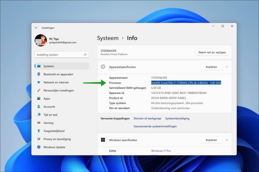 Processor informatie via Systeem informatie in Windows