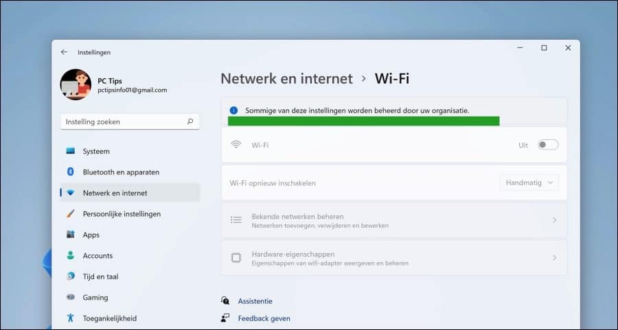 Sommige van deze instellingen worden beheerd door uw organisatie wifi