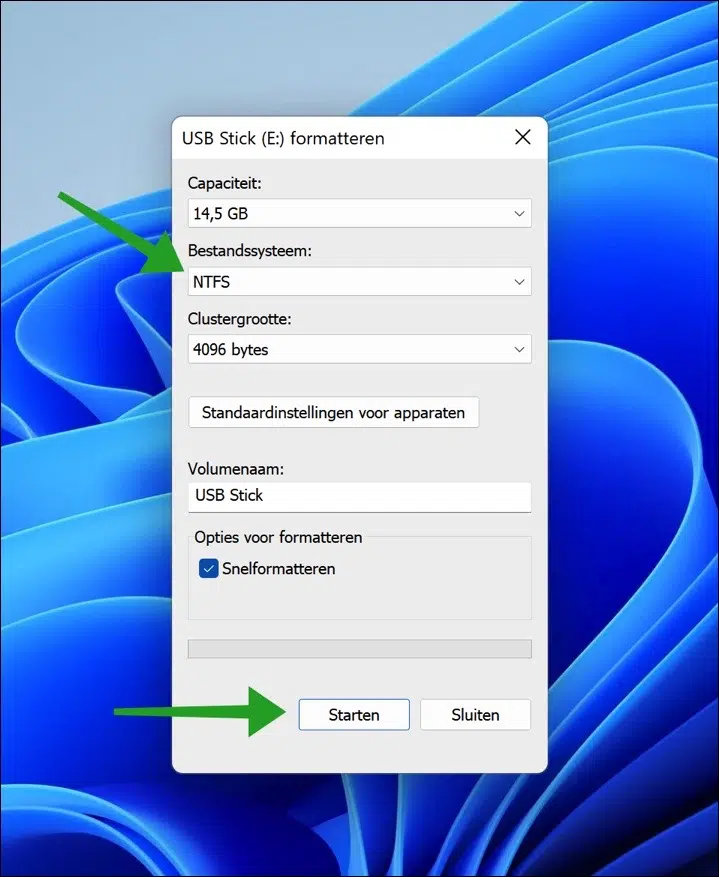 USB formatteren als NTFS bestandssysteem