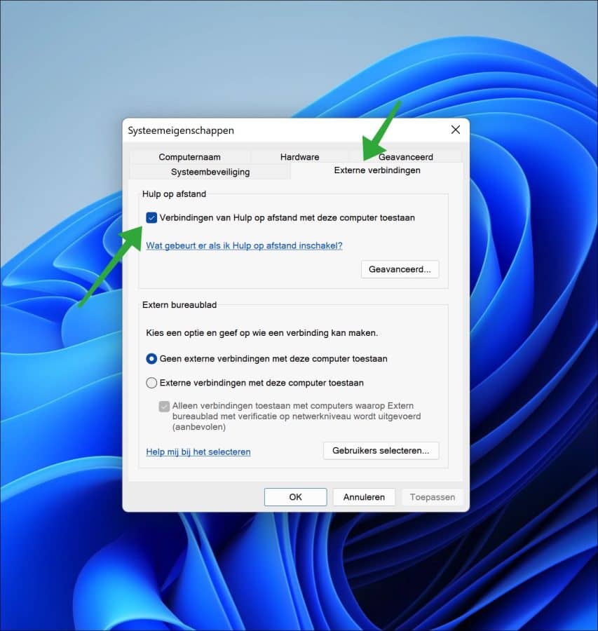 Verbindingen van hulp op afstand met deze computer toestaan