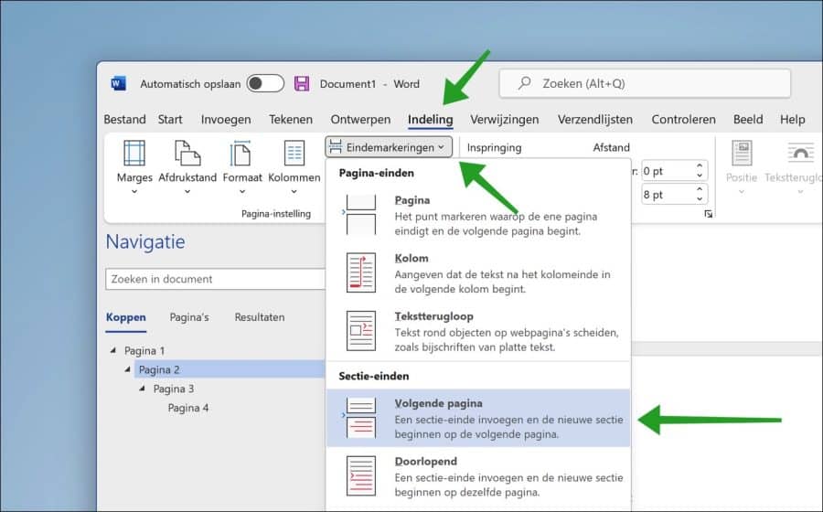 eindemarkeringen volgende pagina in word