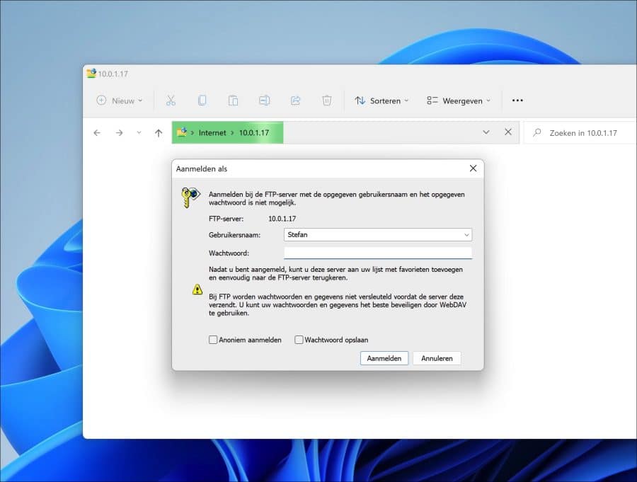 Aanmelden bij FTP Server