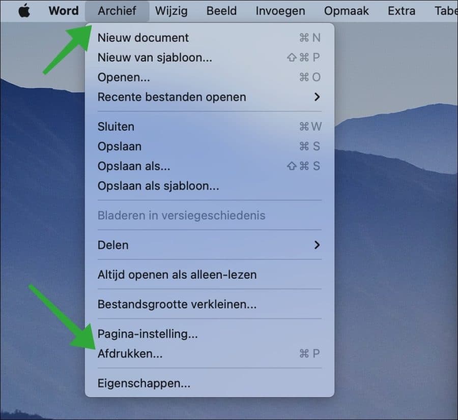 Afdruk instellingen in Microsoft Word op een Mac