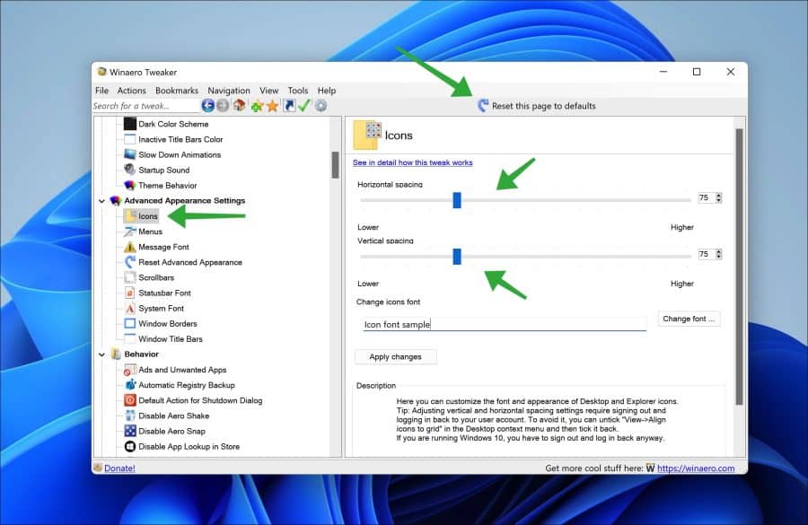 Afstand bureaubladpictogrammen wijzigen via winaero tweaker