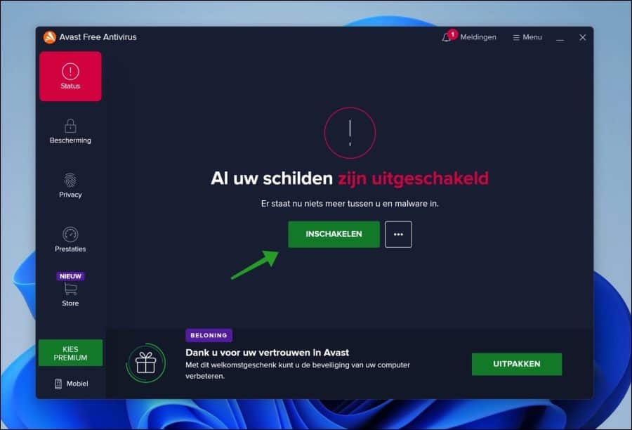 Avast antivirus weer inschakelen