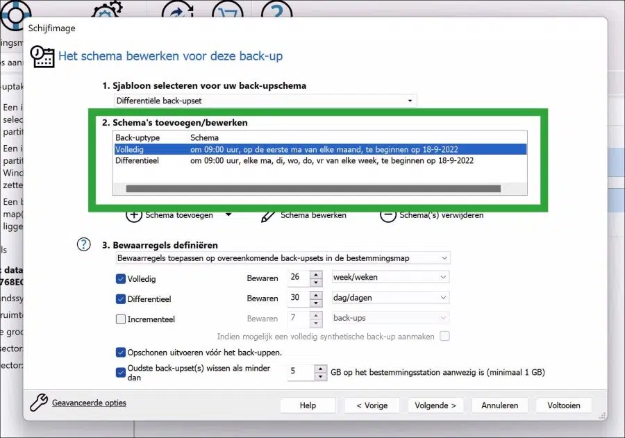Back schema tijd en dagen