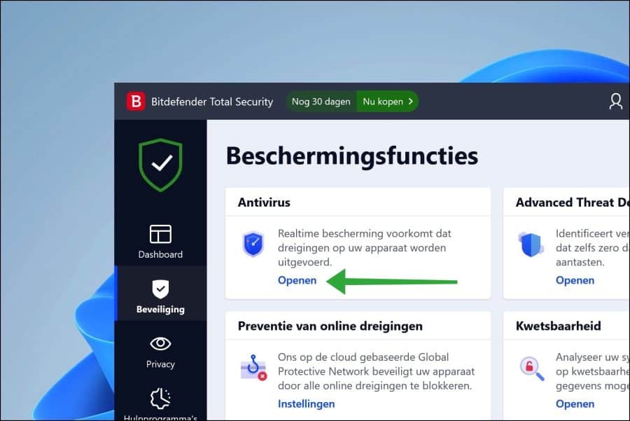 Bitdefender antivirus instellingen openen