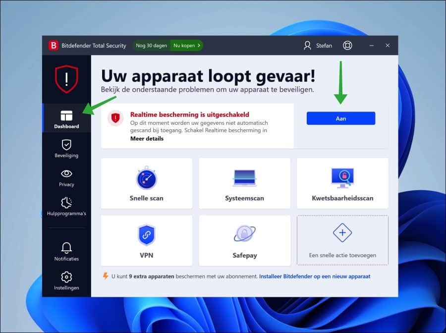 Bitdefender antivirus terug inschakelen