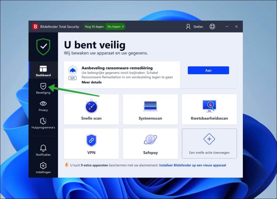 Bitdefender beveiliging openen