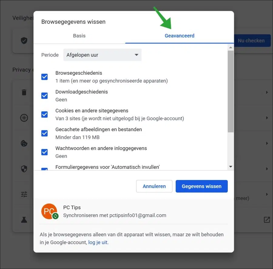 Browsegegevens wissen - Geavanceerd