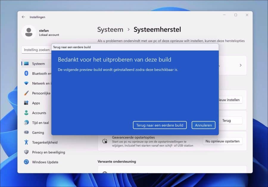 De volgende preview build wordt geinstalleerd