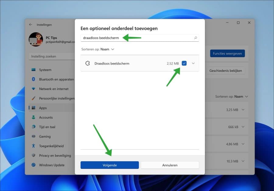 Draadloos beeldscherm optioneel onderdeel installeren in Windows 11