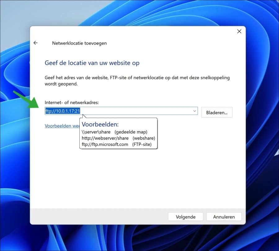 FTP server adres ingeven