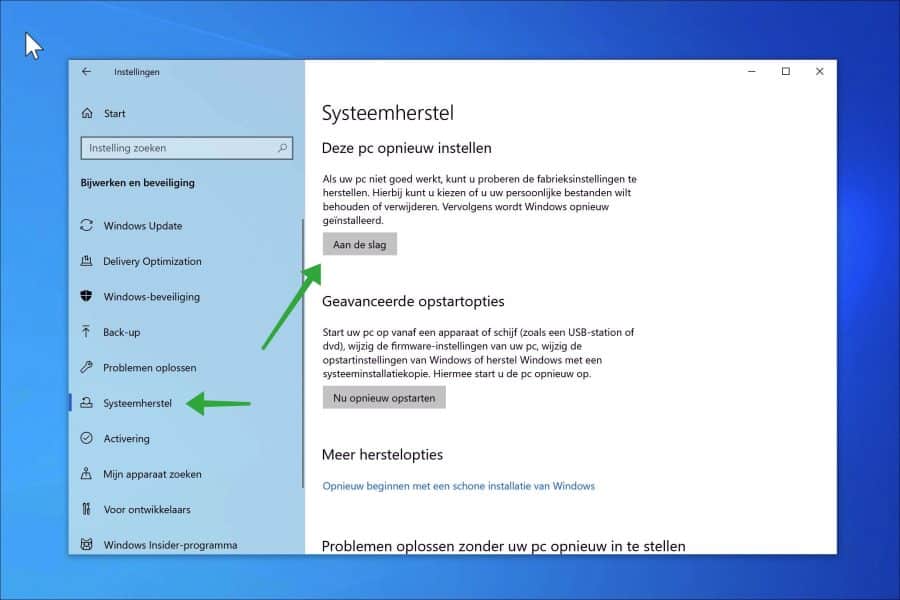 Fabrieksinstellingen terugzetten in Windows 10