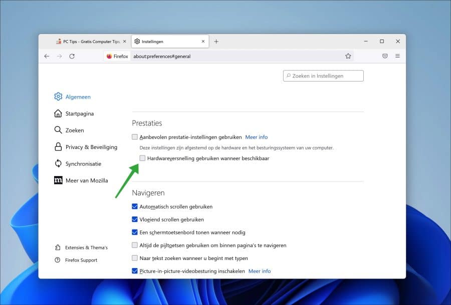 Hardwareversnelling gebruiken wanneer beschikbaar in Firefox