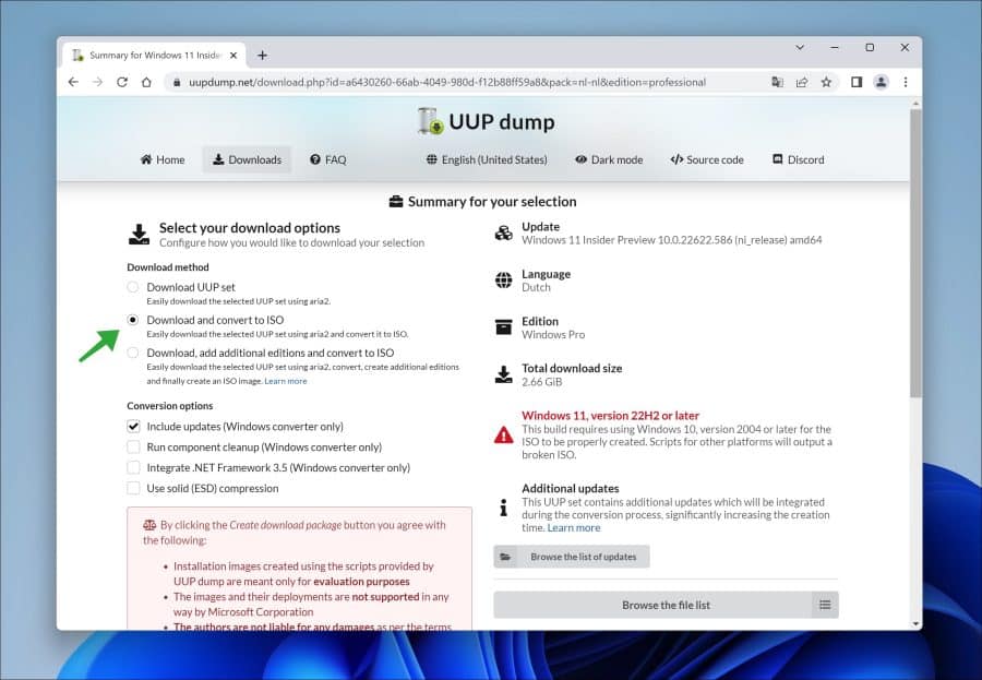 ISO downloaden en converteren met UUP Dump