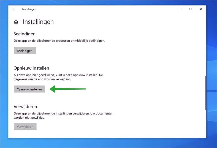 Instellingen app opnieuw instellen in Windows 10