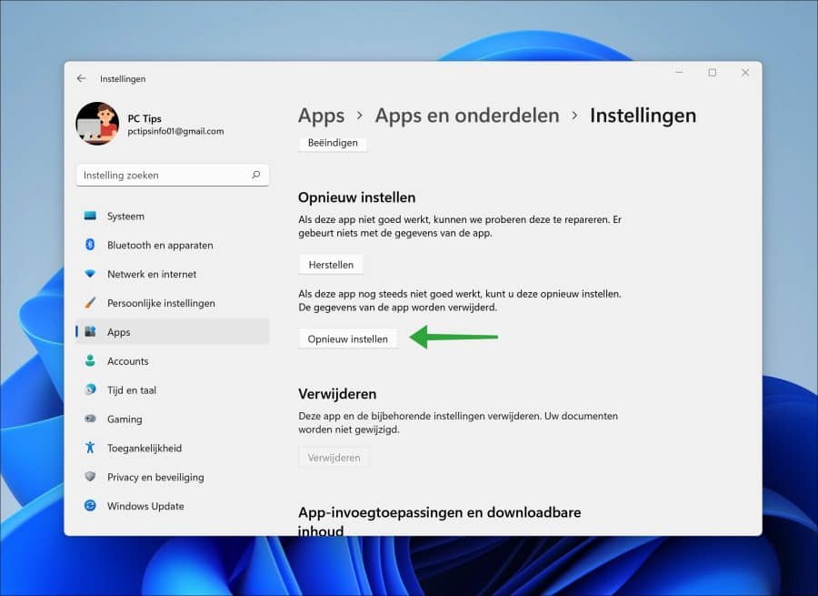 Instellingen app opnieuw instellen of herstellen