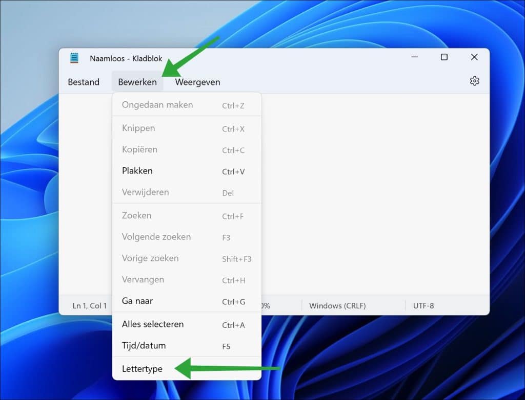 Kladblok lettertype en tekst grootte wijzigen in Windows 11