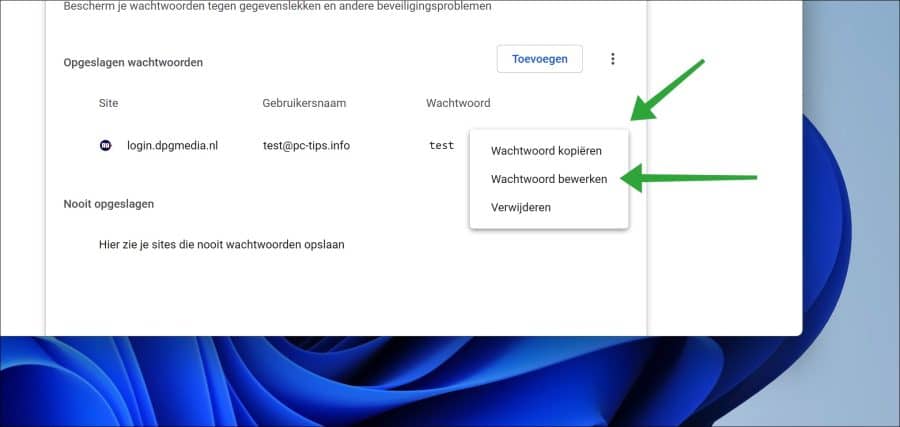 Opgeslagen wachtwoord bewerken in Google Chrome browser