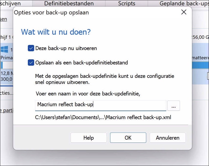 Opties voor back-up opslaan