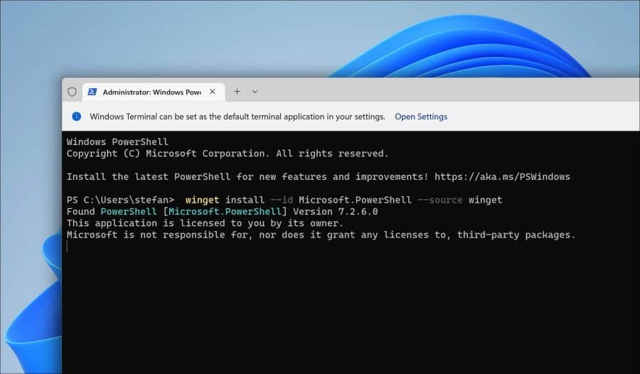 Téléchargez PowerShell via Winget