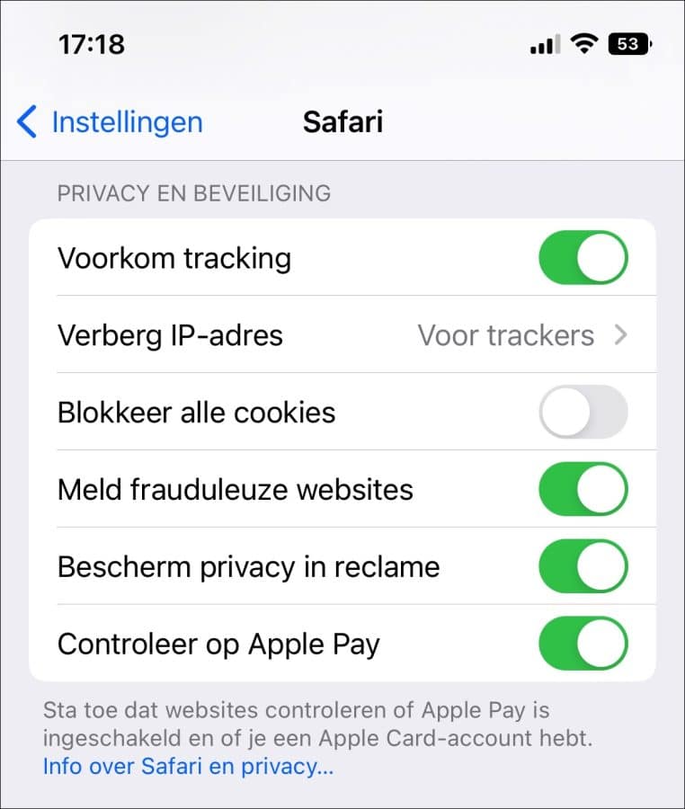 Privacy en beveiliging instellingen voor Safari op iPhone