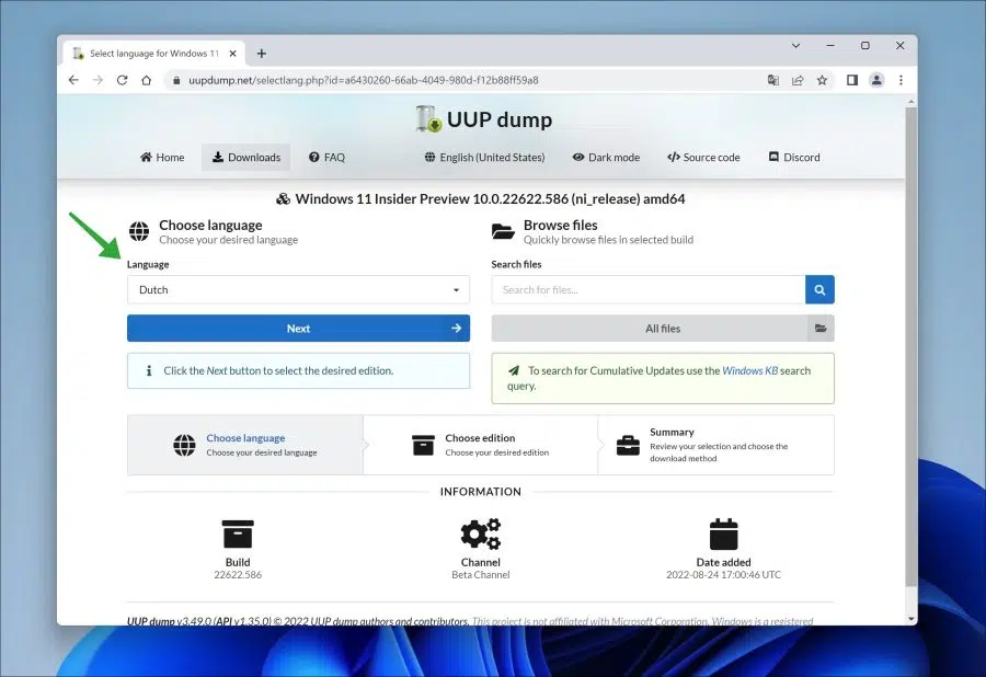UUP Dump taal selecteren