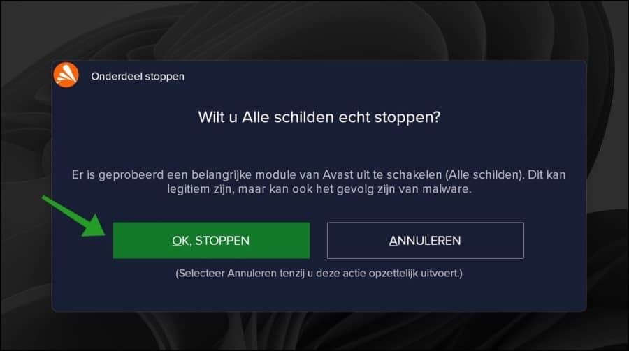 Wilt u alle schilden stoppen avast antivirus