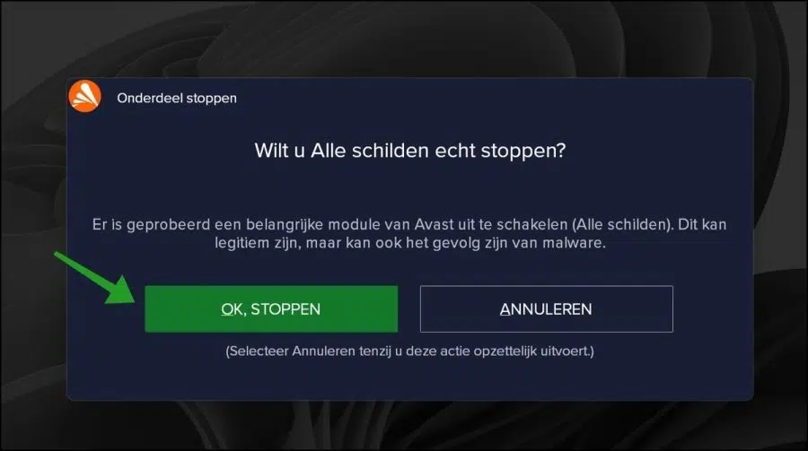 Wilt u alle schilden stoppen avast antivirus