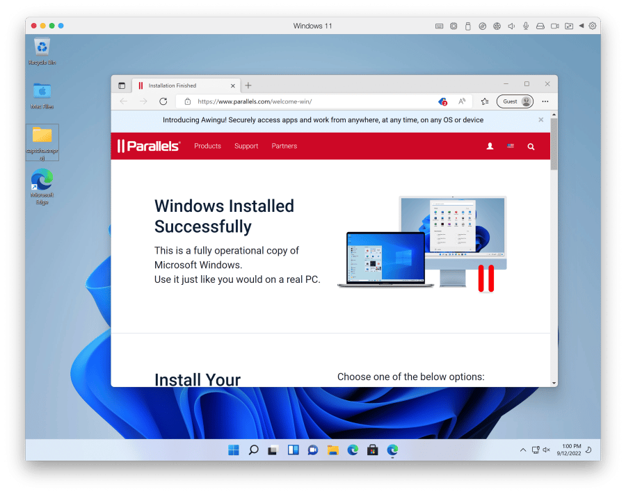 Windows 11 ARM installé sur le bureau Parallels