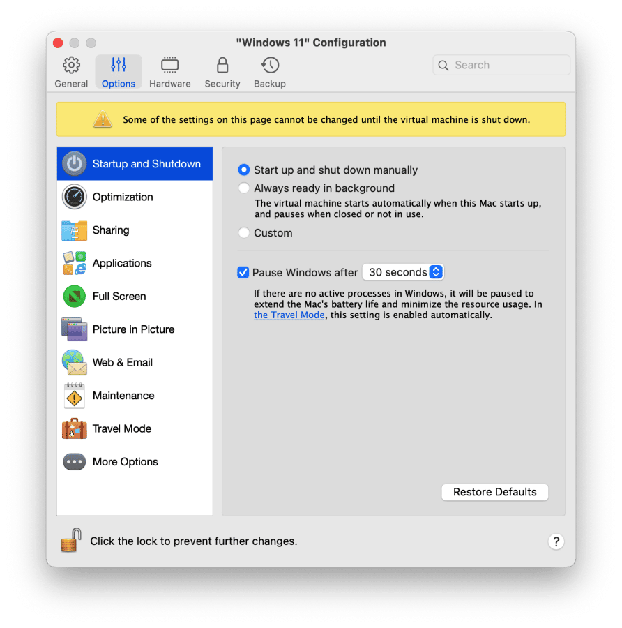 Windows 11 ARM virtual machine settings