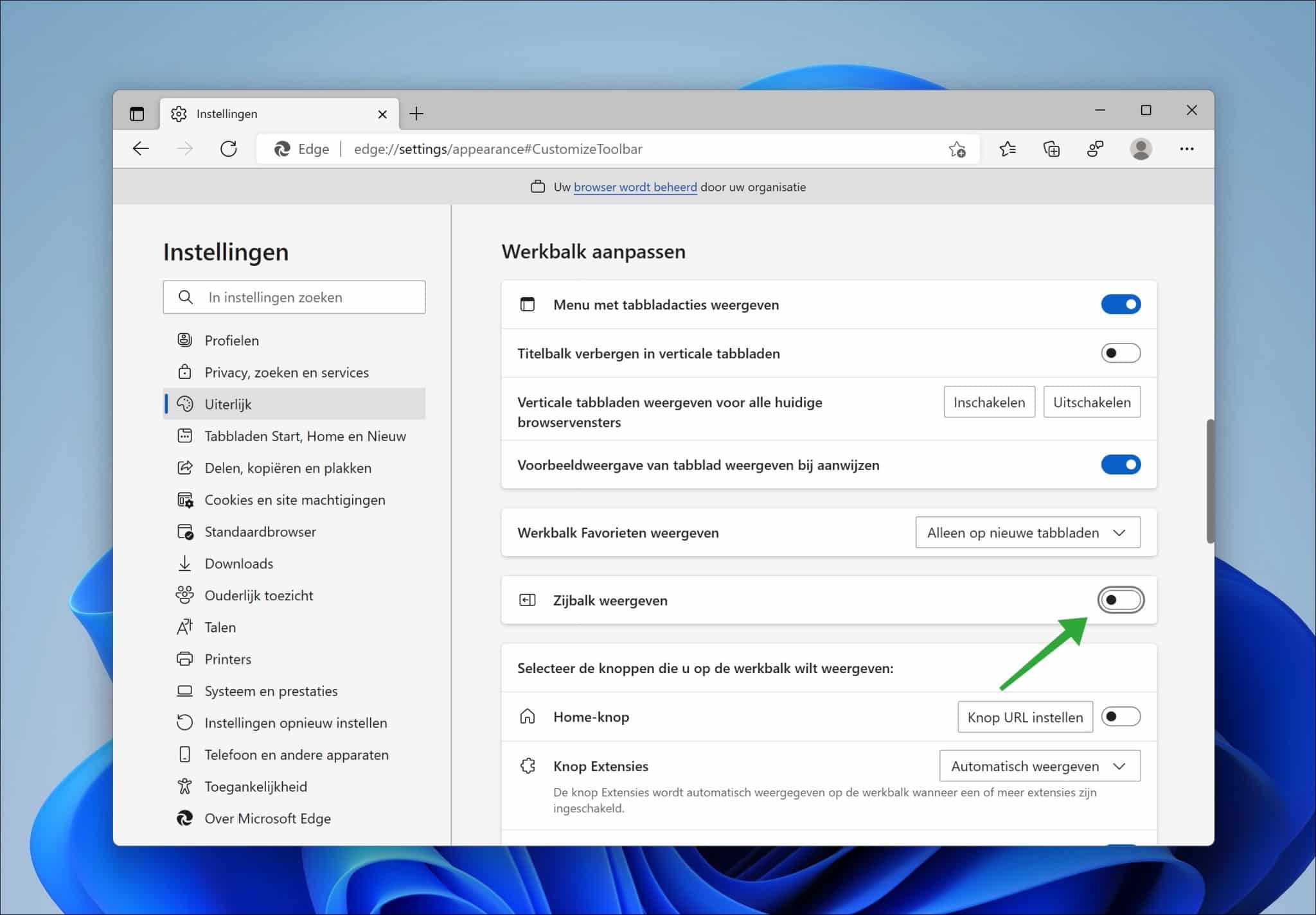 Tonen Zijbalk verbergen of weergeven in Microsoft Edge browser