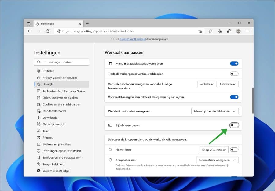 Zijbalk uitschakelen in Microsoft Edge