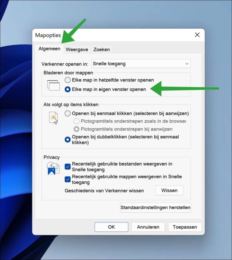 elke map in een nieuw venster openen