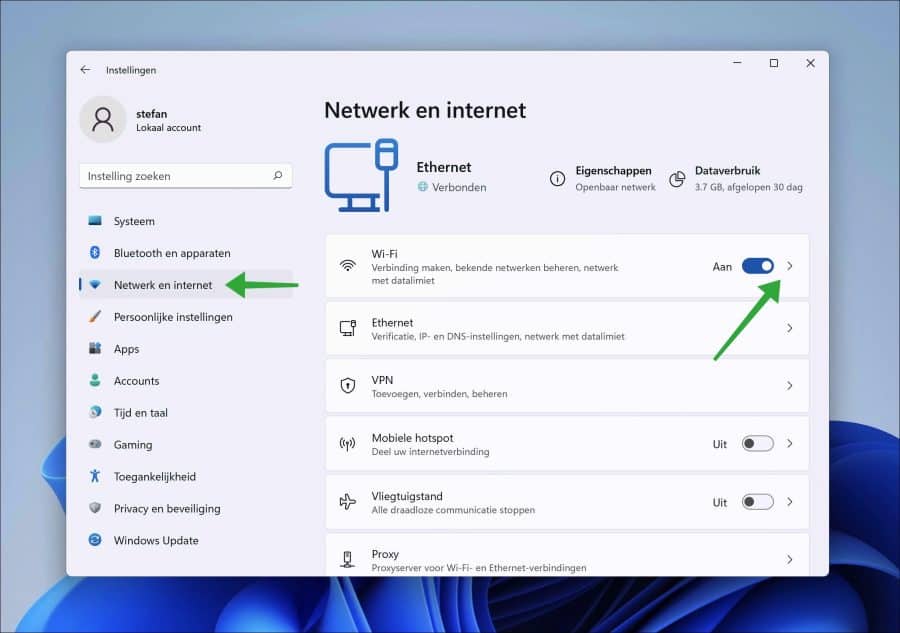 wifi instellingen openen in Windows 11